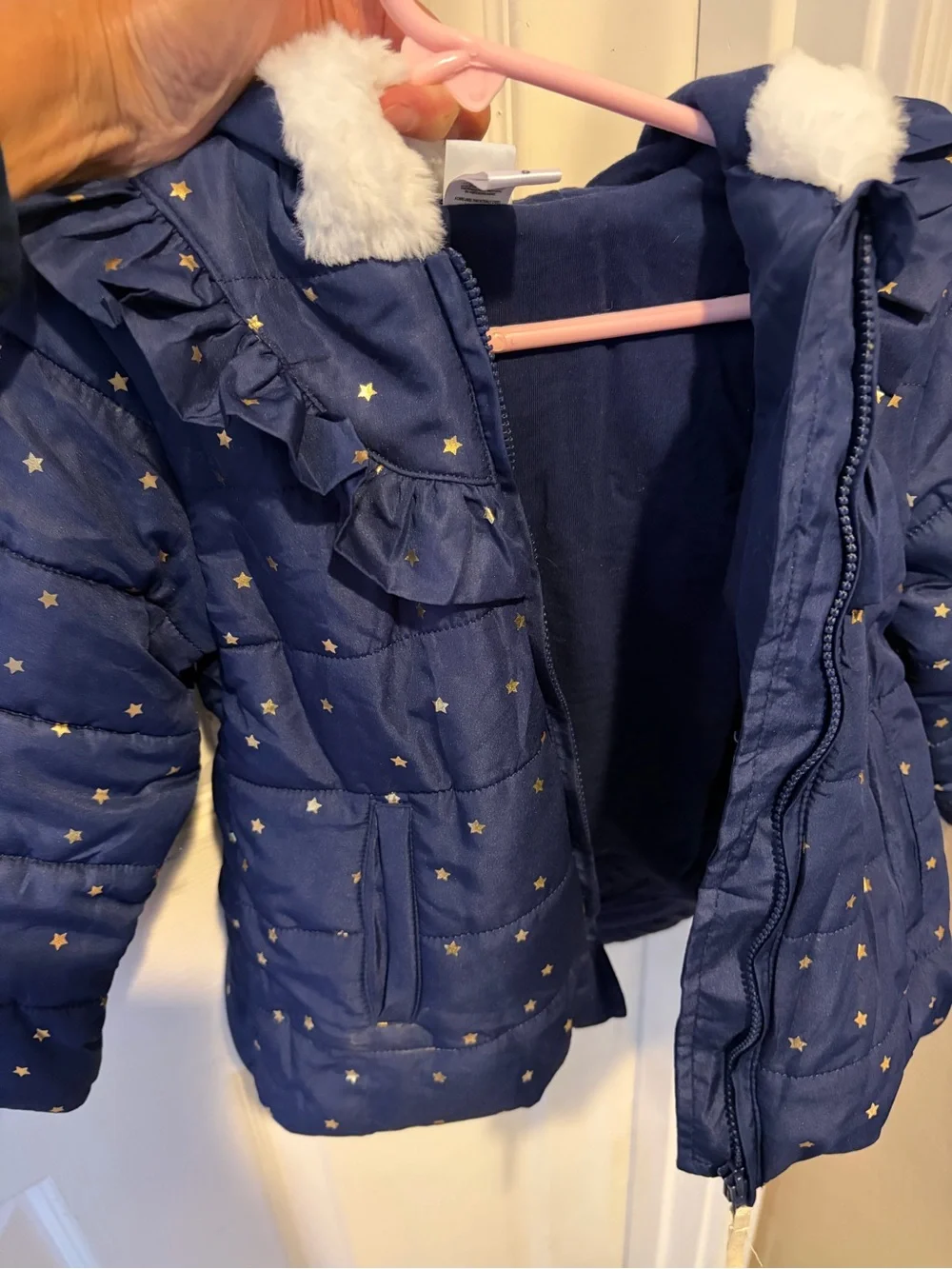Carters Little Me Navy Gold Star White Faux Fur Ruffle Puffer Coat 24 Months